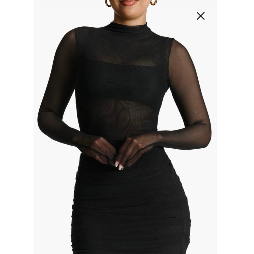 NWOT Naked Wardrobe Funnel Neck Sheer Mesh Top in Black SZ S
